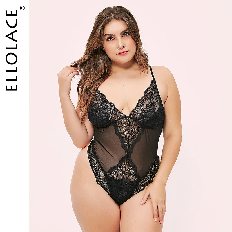 

Ellolace Deep-V Lace Bodysuit Plus Size Women Backless Bodys Sleeveless Bodycon Overalls Female Transparent New Lace Rompers