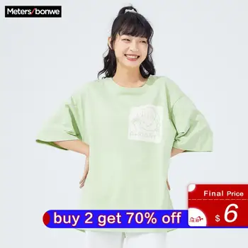 

Metersbonwe 2020 Summer New Cotton T-Shirt Loose T-shirt Women Cartoon Printing Basic T-Shirt Casual Tops 618528