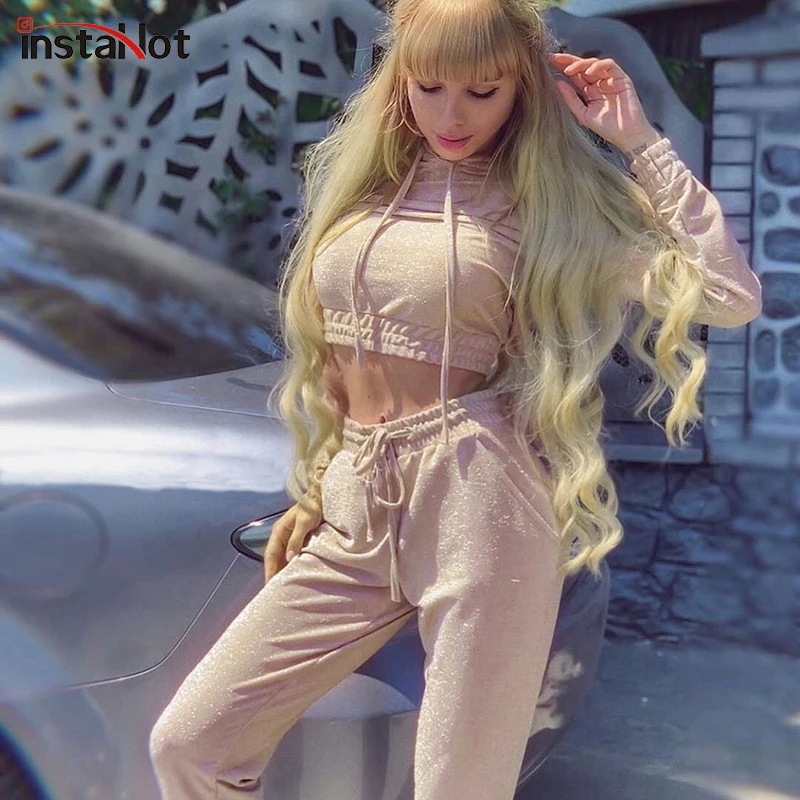 

InstaHot Shiny Hooded Women Two Piece Set Drawstring Hoodies Long Sleeve and Terped Pants Autumn Casual Tracksuit Fashion Outfit
