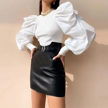

Chic Women Pullover Sweater Autumn 2020 New Fashion Puff Sleeve Stretch Knit Body Patched Poplin Sleeve Modern Lady Ruffles Tops