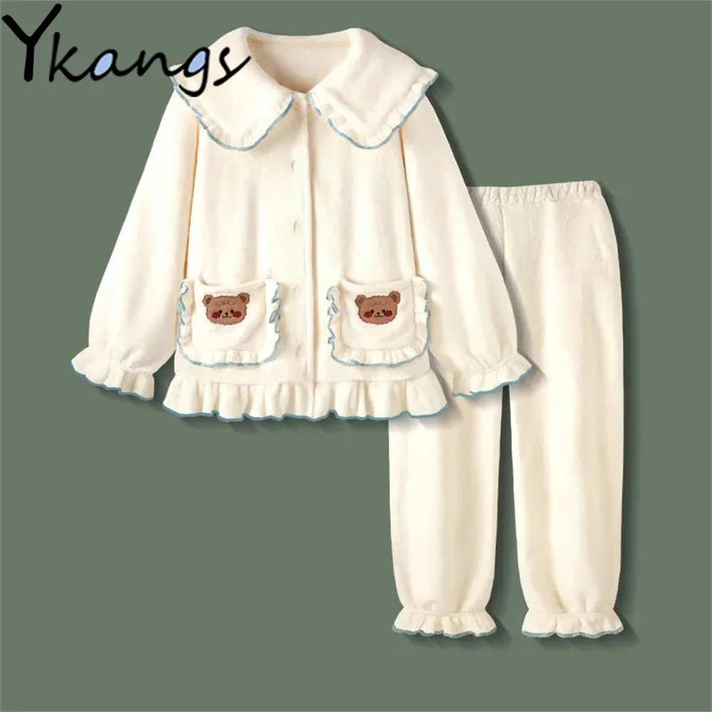 

Japanese Kawaii Soft Women Pajamas Sweet Ruffle Sleepwear Female Pijama Set Winter Warm Plus Size Cute Cartoon Flannel Home Wear