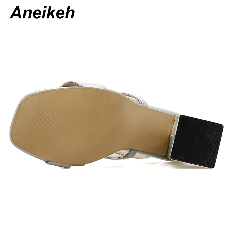 Aneikeh Summer Silvery Sequins Fashion Shoes Woman Sandals Peep Toe Party Square High Heels Sandals Buckle Pumps Ladies Shoes