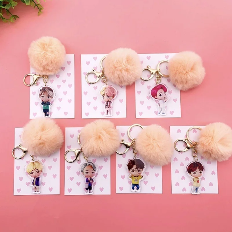 Брелки Новые Мультяшные Kpop Bts акриловые брелки Jungkook V Jimin Hair Ball брелоки подвесные аксессуары для сумок милые