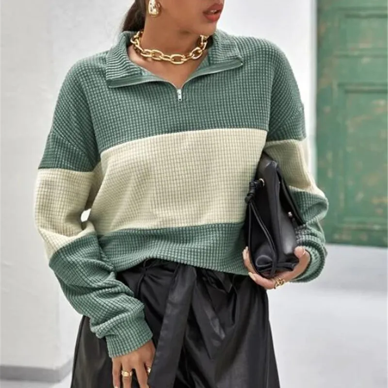 

T Shirt Women Stylish Long Sleeve Zipper Color Block Shirt Top Spring Autumn Streetwear Label Neck Top Clothing For Women