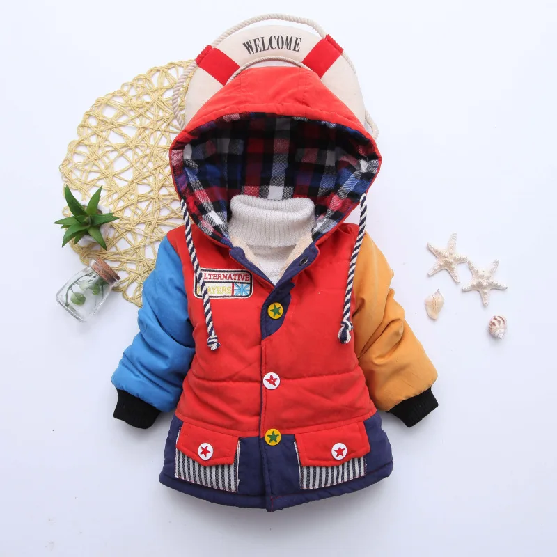 Новая осенне-зимняя теплая куртка с капюшоном и принтом Микки Мауса для маленьких девочек, хлопковые пальто для мальчиков, детская одежда, синий, желтый, красный, для 1, 2, 3, 4 лет - Цвет: Red