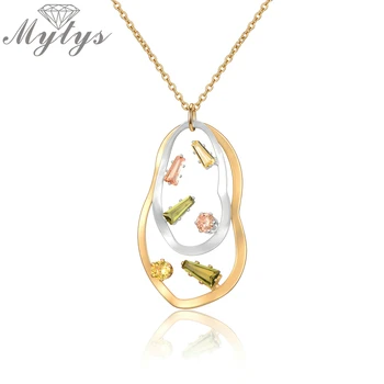 

Mytys Gold and Silver Hollow Geometric Leaf With Crystal Pendant Necklace for Women 2 Tone Gold Jewelry Fashion Gift CN564