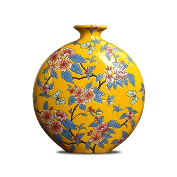 

CHINESE AMERICAN STYLE MODERN HIGH-END HAND-PAINTED CERAMIC ORNAMENTS FLAT YELLOW RETRO VASE SHELF ENTRANCE WINE