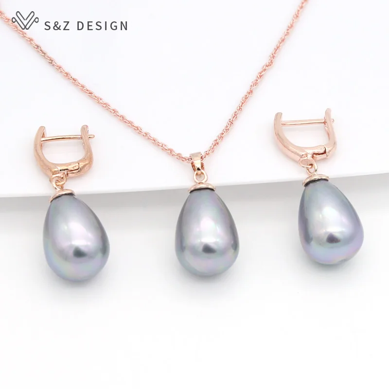S&Z DESIGN New Fashion Imitation Pearls Water Drop Earrings 585 Rose Gold Color Jewelry Sets For Women Wedding Party Jewelry