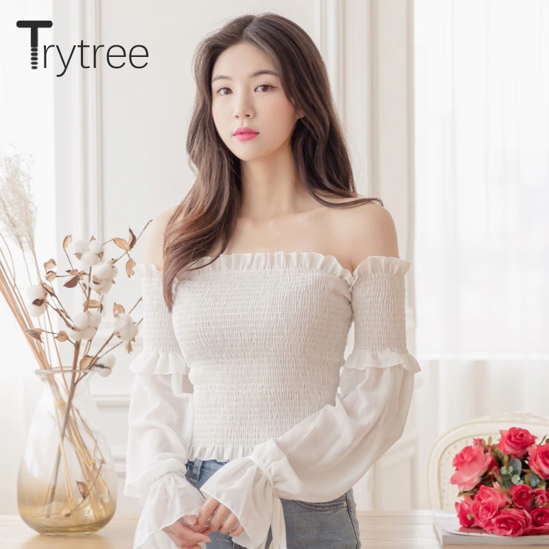 Trytree весенне-летняя повседневная женская блузка с вырезом лодочкой и расклешенными рукавами в стиле пэчворк с завязками и оборками модная универсальная стильная блузка