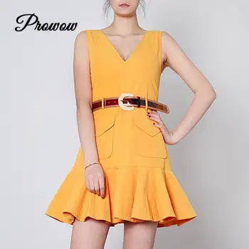 

Runway Designer 2020 Summer Sexy V-neck Sleeveless Large Pocket Ruffle Hem Mini Dress With Belt Party Holiday Yellow Clothes