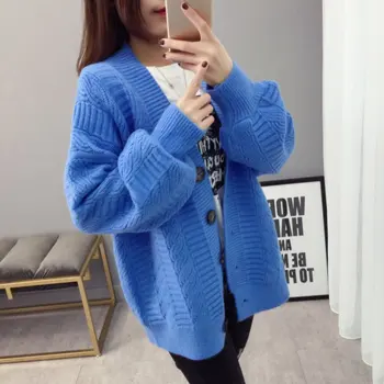 

Fashion Sweater Jacket Female Korean Version Of The Loose Simple Long Section Cardigan Was Thin V-Neck Single-Breasted