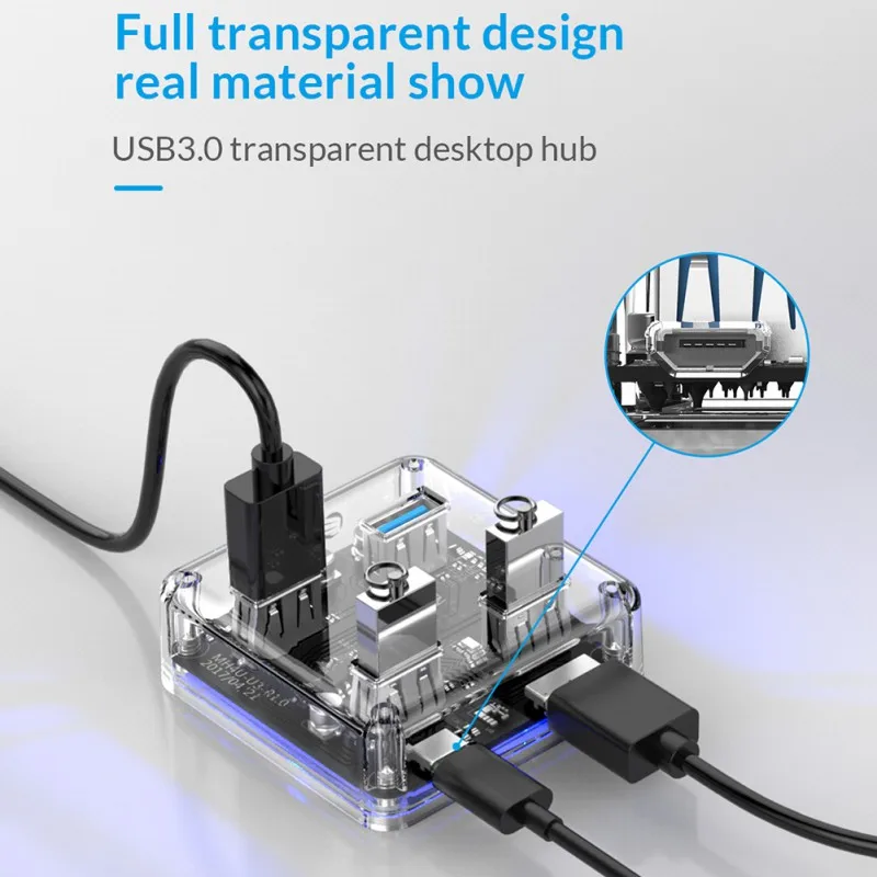 Портативный прозрачный мини-4 порта USB 3,0 концентратор USB3.0 адаптер прозрачный 4 порта с адаптером питания Micro USB