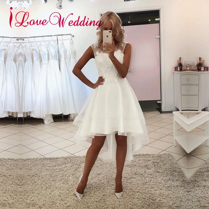 

New Arrival 2019 Jewel Collar Lace Applique Short Wedding Dress Custom made Front Short Long Back Simple Bride Dress