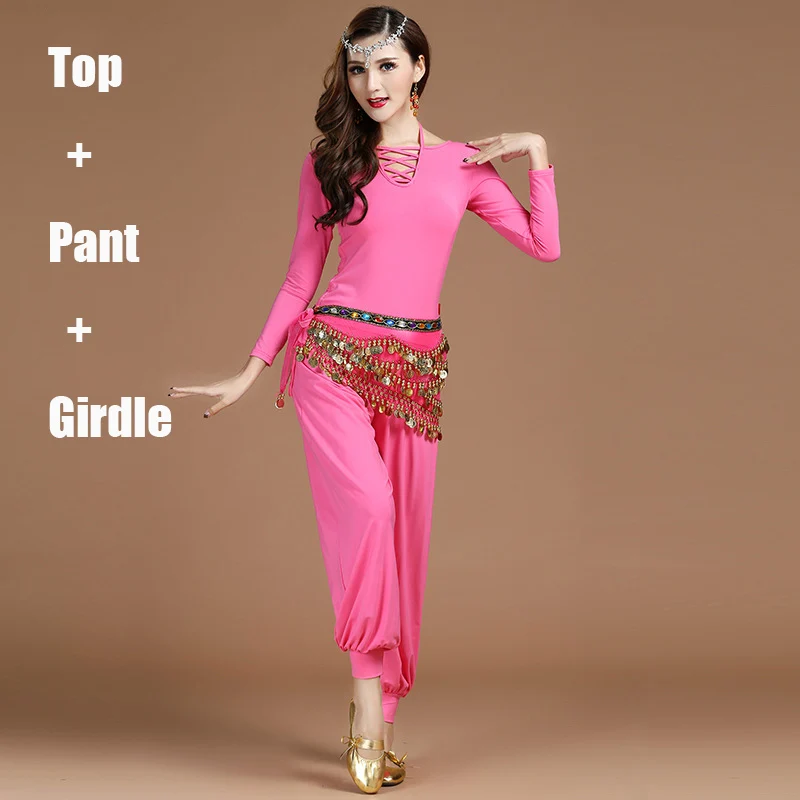 Rose Red 3pcs Новые Топы с длинными рукавами для танца живота, одежда для тренировок, зимние брюки-шаровары для восточных танцев, Индийская Йога, костюм для танца живота BL2368 - Цвет: Rose Red 3pcs