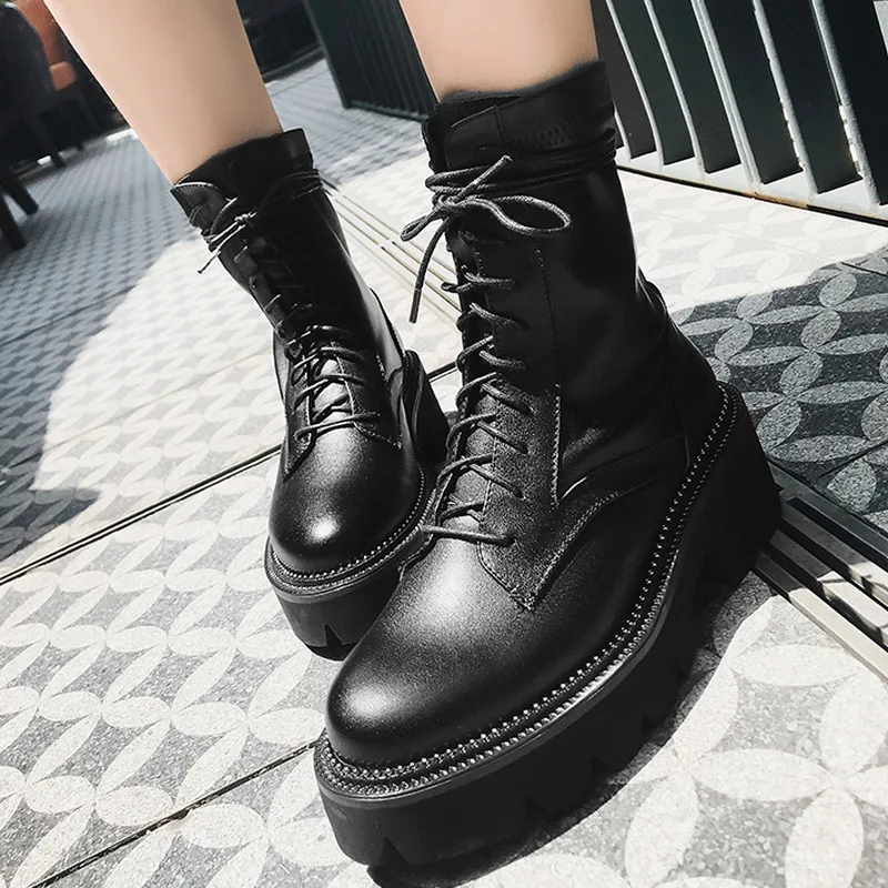 White Leather Platform Motorcycle Boots Round Toe Lace Up European Street Fashion Shoes Women Ankle Boots Black Size 42 - Цвет: Черный