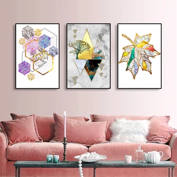 

Nordic Abstract Geometric Mountain Landscape Wall Art Canvas Painting Golden Leaf Art Poster Print Wall Picture for Living Room