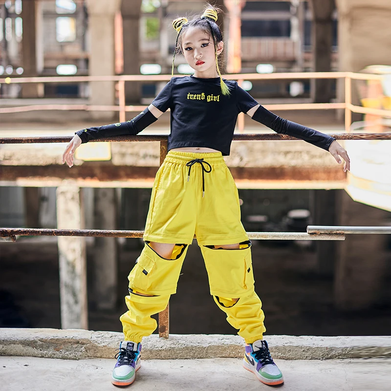 Hip Hop Dance Costume Girls Black Tops Yellow Cargo Pants Ballroom
