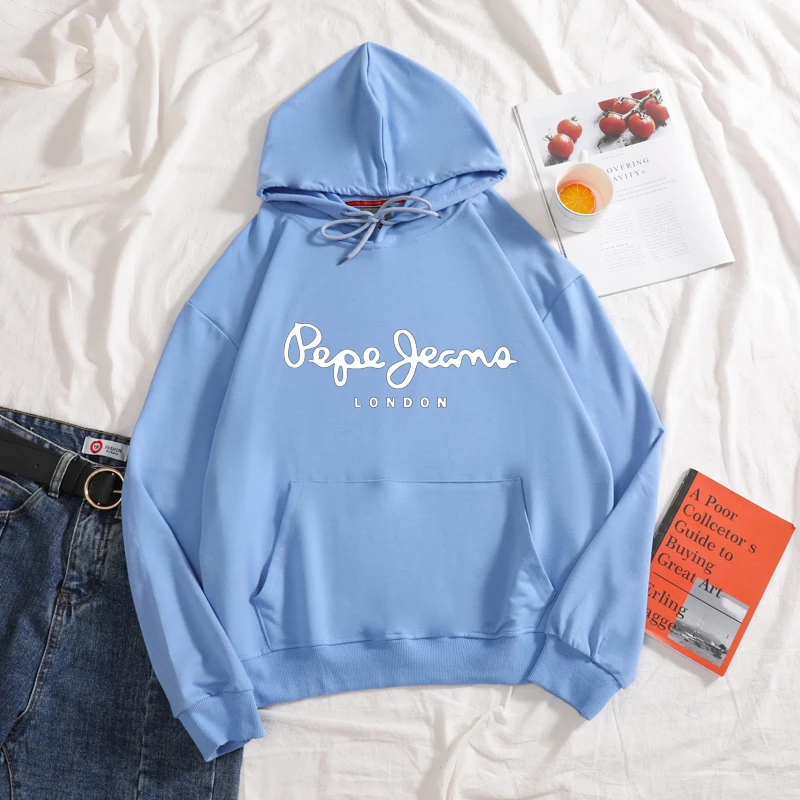skyblue LONDON Long Sleeve Casual Pure Color Women Clothing Pullovers Hoodies hooded hoodies drawcord women autumn sweatershirt - Цвет: skyblue