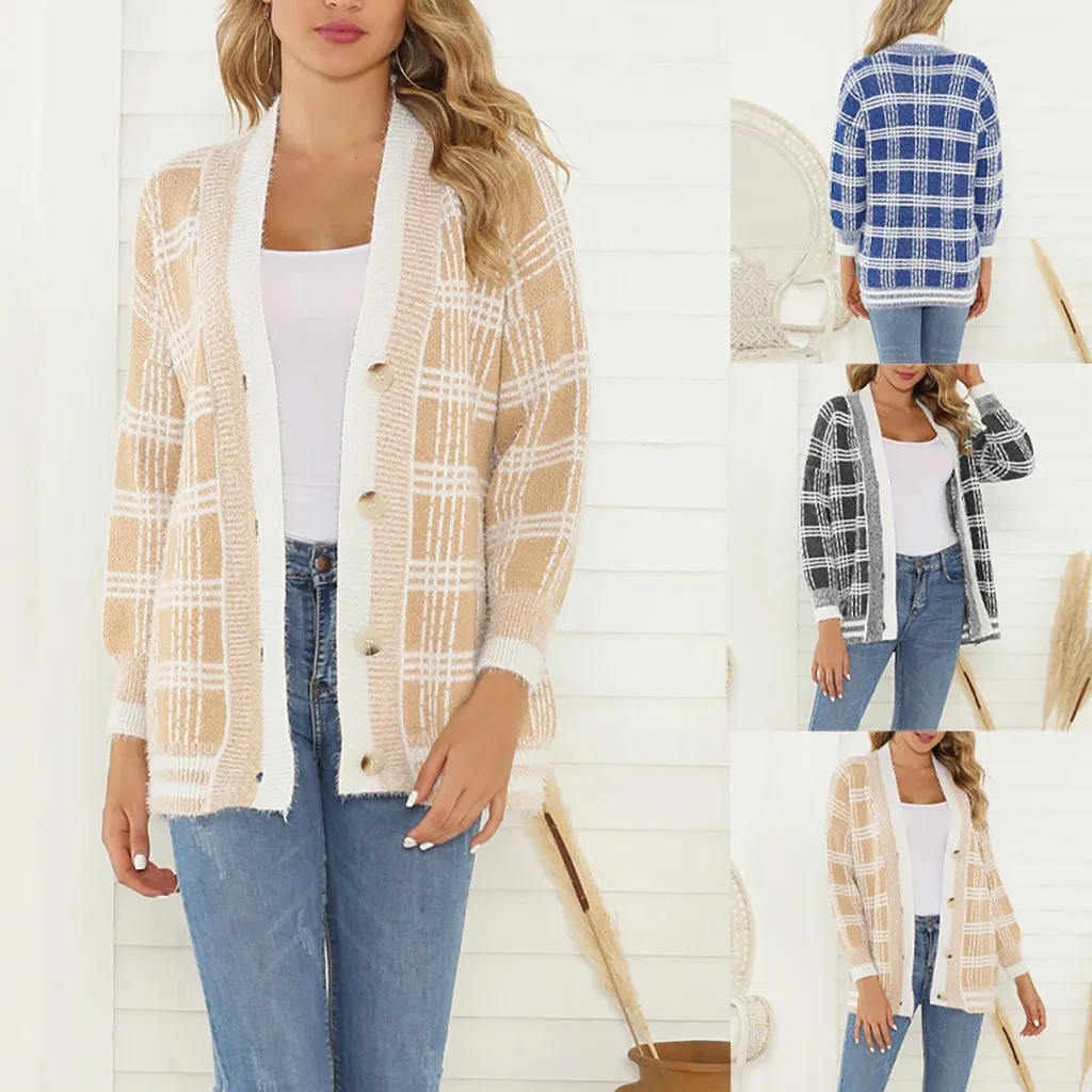 

Women V-Neck Patchwork Button Long Sleeve Knitted Sweater Loose Cardigan Plaid Sweater Large Size Jacket Winter New Arrivals 823