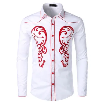 

Mens Long Sleeve Shirt Embroidered Retro Palace Solid Color Printed Outwear Chemise Homme Casual Slim Fit Office Business Travel