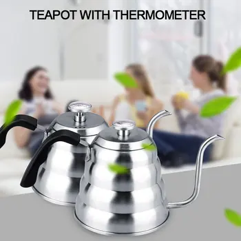 

1.2/1L Stainless Steel Coffee Pot Long Spout Kettle Gooseneck Drip Coffee Kettle Thermo Maker With Thermometer Pour Over Teapot