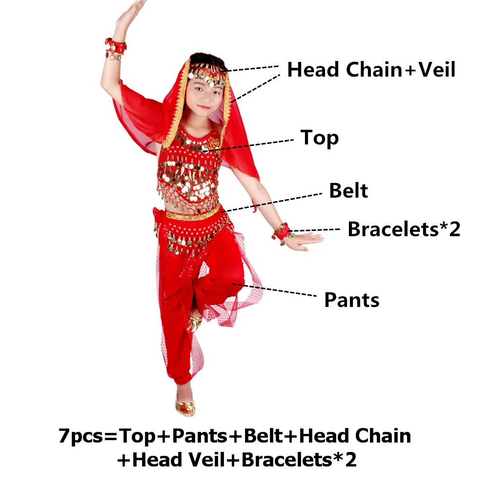 Belly Dance Costumes Kids Oriental Dance Girls Belly Dancing India Belly Dance Set Clothes Bellydance Child Kids Indian 6 Colors - Цвет: Red 7pcs