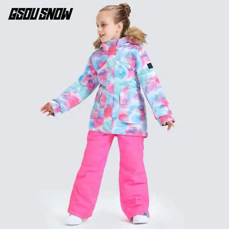 GSOU/лыжный костюм для детей; лыжная куртка для девочек; брюки; одежда для сноуборда; брюки с меховым капюшоном; зимняя одежда; ветрозащитная Водонепроницаемая теплая одежда