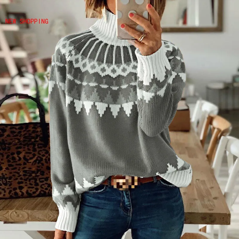 

2020 Korean Women Sweaters Casual Vintage Winter Christmas Snowflake SweateR Knitted Turtleneck Pullover Big Size Tops S-2XL