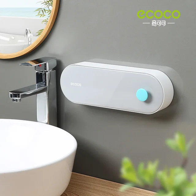 ECOCO Soap Holder Storage Box Wall Mounted Towel Rack Drain Punch Free Household Bathroom Ball Double Compartment Dust Proof New 6