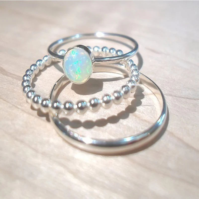 

3pcs/Set Vintage Rings For Women Silver Opal Round Stone Ring Set Anniversary Party Gift Trendy Jewelry Accessories