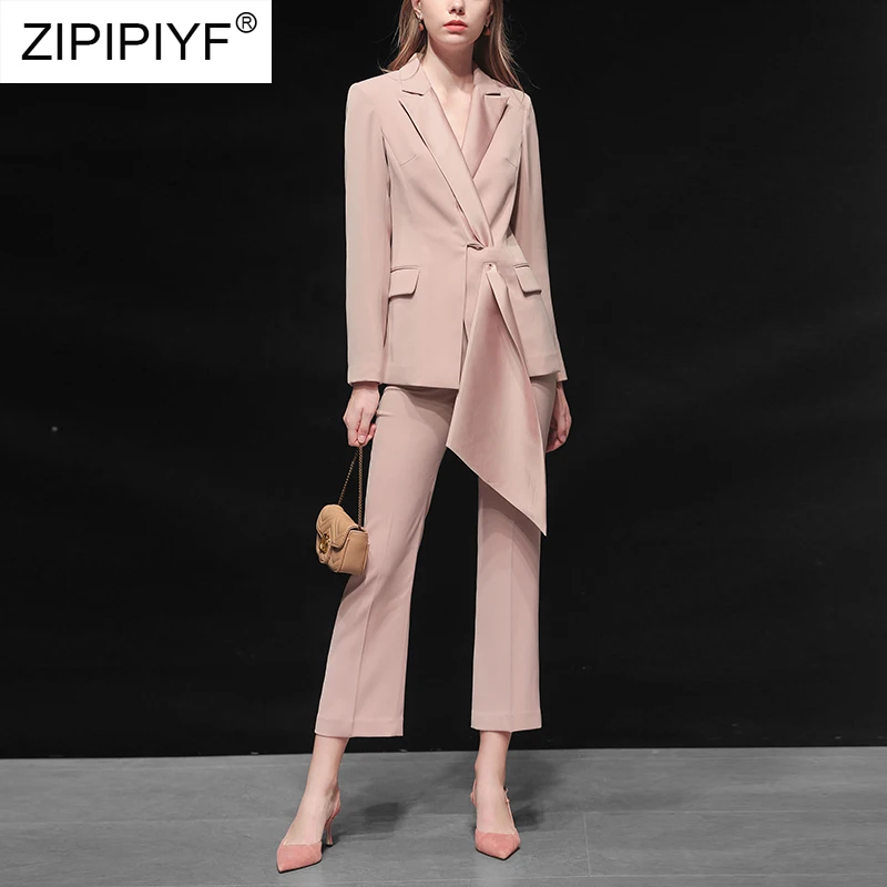 

2019 Winter Runway Pink Shawl Collar Plaid Long Sleeve Blazer Pants Set Women Autumn Workwear Morden Lady Twopiece