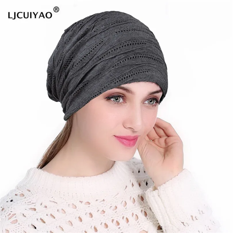 

LJCUIYAO Winter Women India Hat Spring Autumn Hollow Out Cotton Ruffle Chemo Hat Muslim Beanie Turban Head Wrap Cap Beanie Mujer