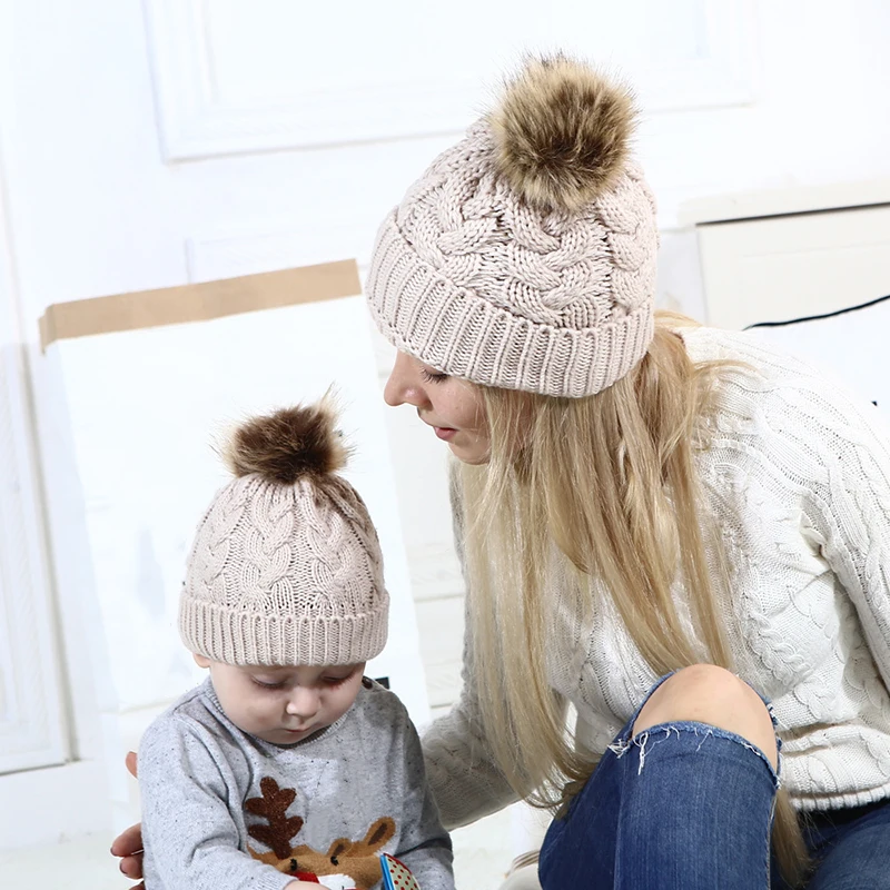 

2PCS Mom&Newborn Pom Pom Warm Hat Crochet Knit Beanie Cap Girl&Boy Baby Infat Winter Family Elastic Fur Ball Ski Hat