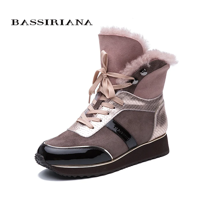 BASSIRIANA зима новая женская повседневная обувь лакированная кожа шить кожа мех кружева мода теплые ботинки снега
