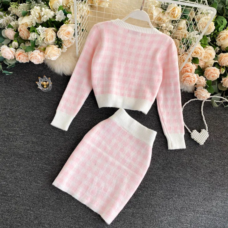 Korean Sweet Knit Plaid Cardigans + Camisole + Skirts 3pcs Sets Girls Short Sweater Coat + Vest + Mini Skirt Suits Women Outfits