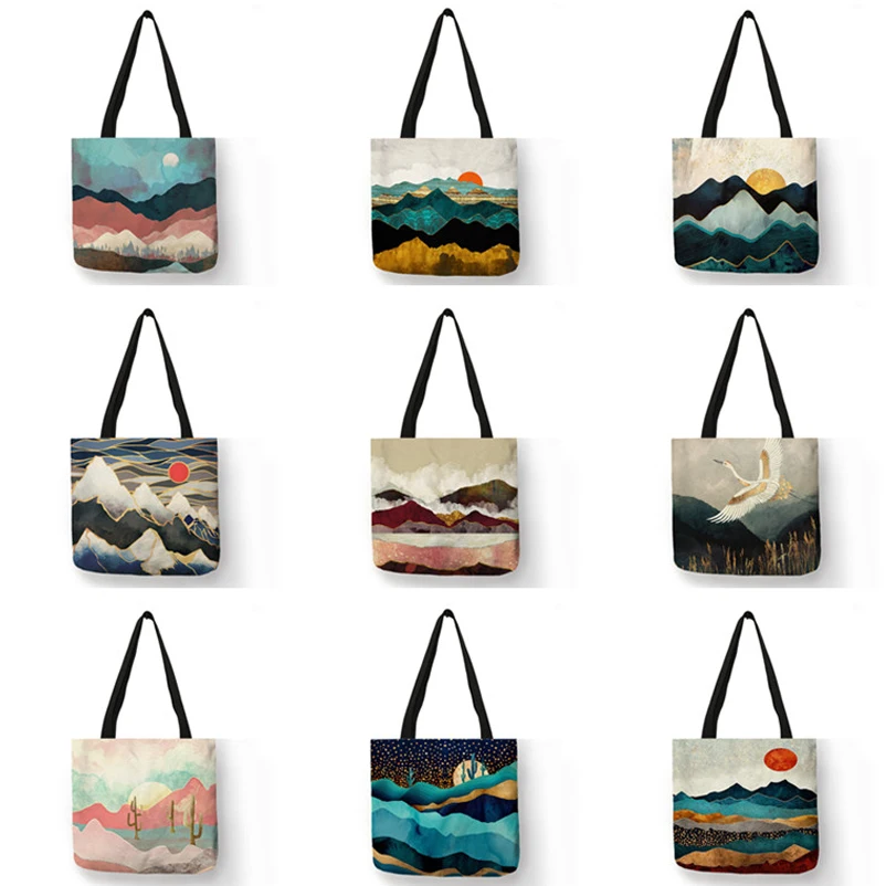 

Oil Painting Mountain Forest Printing Causal Tote Bag Shopper Shopping Handbag Women Ladies Leisure Shoulder Bag Beach Outdoor