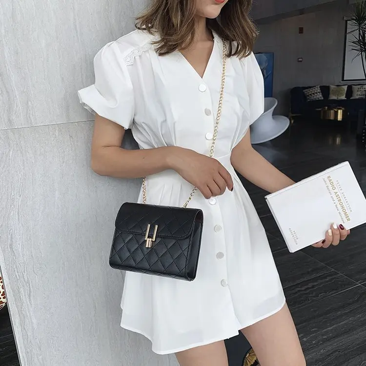 

New Style WOMEN'S Bag 2019 Korean-style Versatile Rhombus Spiraea Square Sling Bag Textured Simple Crossbody Bag Chain Hand