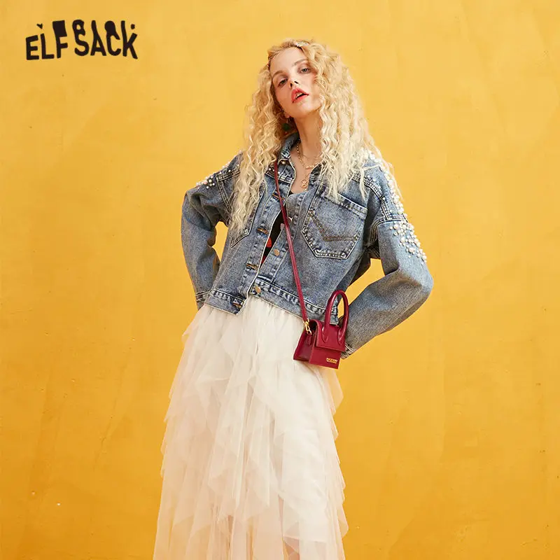 incredible ELFSACK Pearls Ornament Jacket Women Short Coat 2019 Autumn Back Button Breasted Korean Style Washe