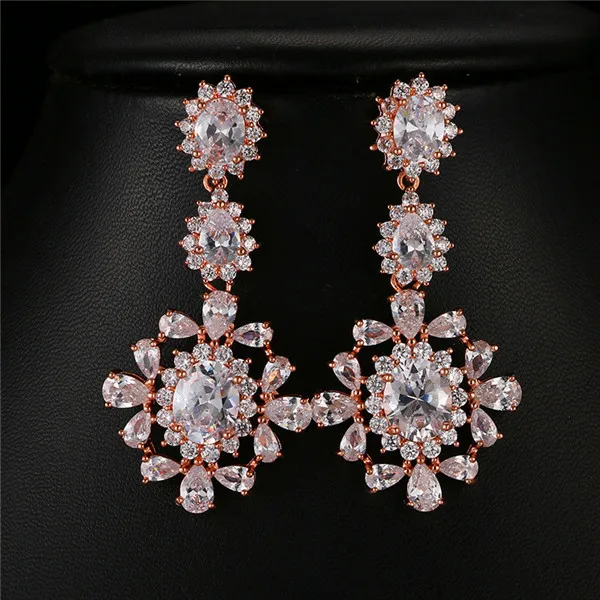 Rose Gold Роскошные женские серьги с кристаллами и цирконием, элегантные серебряные Длинные серьги капельки розового золота, Висячие серьги для невесты для женщин - Окраска металла: Rose Gold