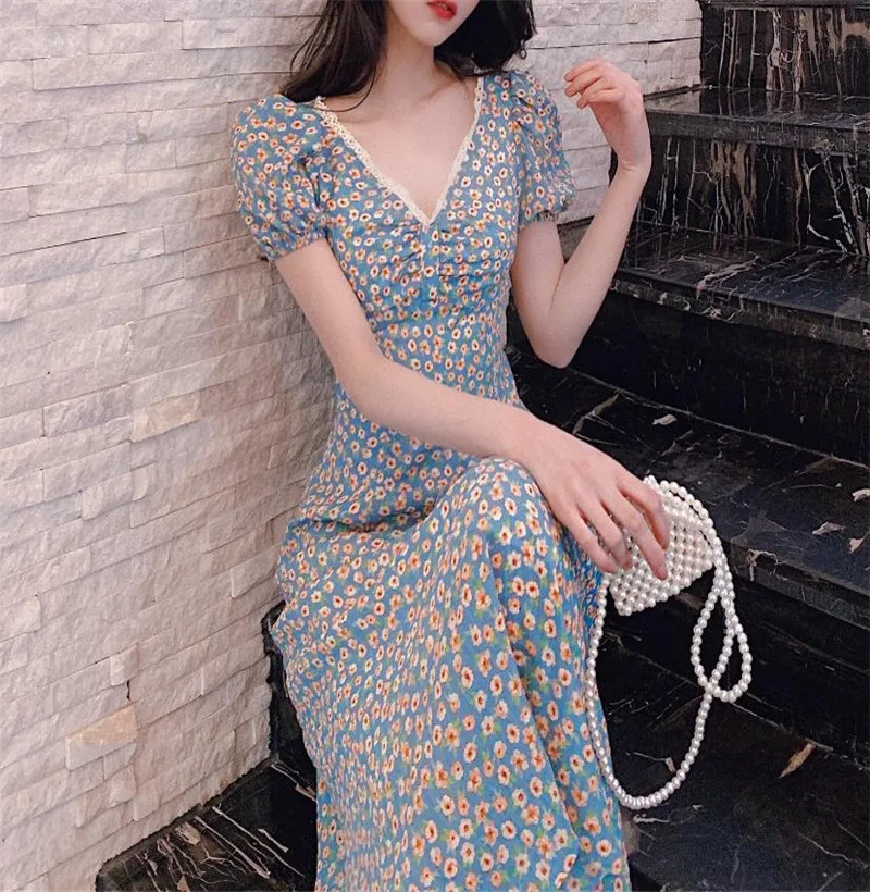 Floerns Vestido Bohemio De Manga Larga Con Volantes Y Cuello En V Para Mujer, Talla Grande, Estampado Floral, Azul Real