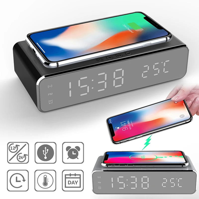 2020 led despertador elétrico digital termômetro relógio hd espelho relógio com telefone sem fio carregador e data com tempo de memória
