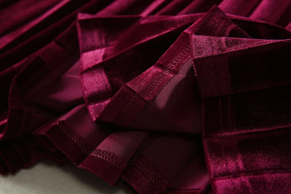 Autumn Runway Designer High End Women Velvet Dress Pure Color Stand Collar Ruffled Long Sleeve Pleated Dress 2 Colors