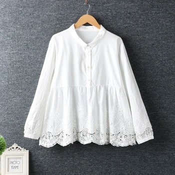 

2020 Mori Girl New Spring Women Shirt Japan Style Hollow out Embroidery Long Sleeve Tops Loose Cotton and linen Blouse