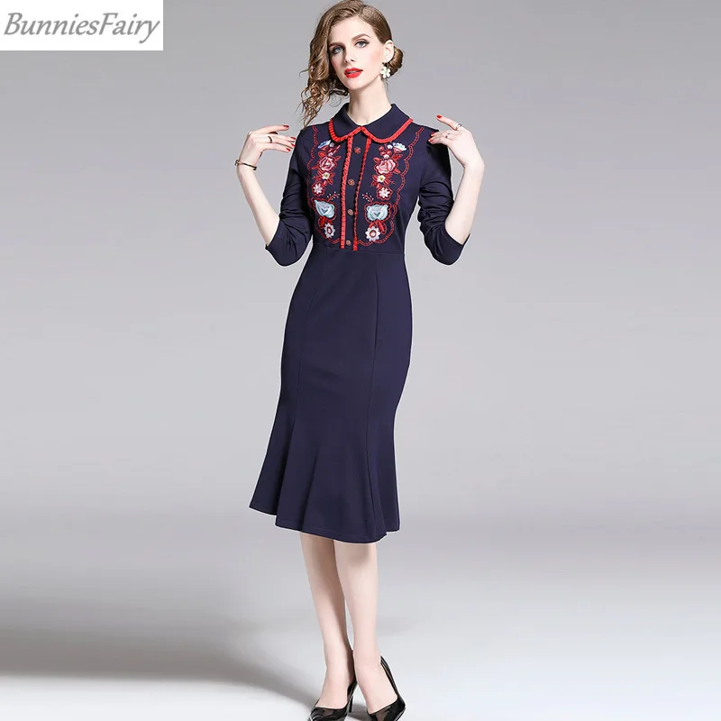 BunniesFairy, осенне-зимнее женское высококачественное Брендовое дизайнерское платье русалки с длинным рукавом и цветочной вышивкой ручной работы