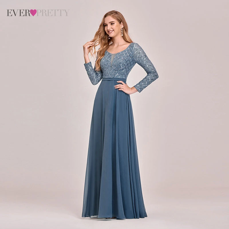 Женское длинное вечернее платье Ever Pretty пыльное синее трапеция с длинным рукавом