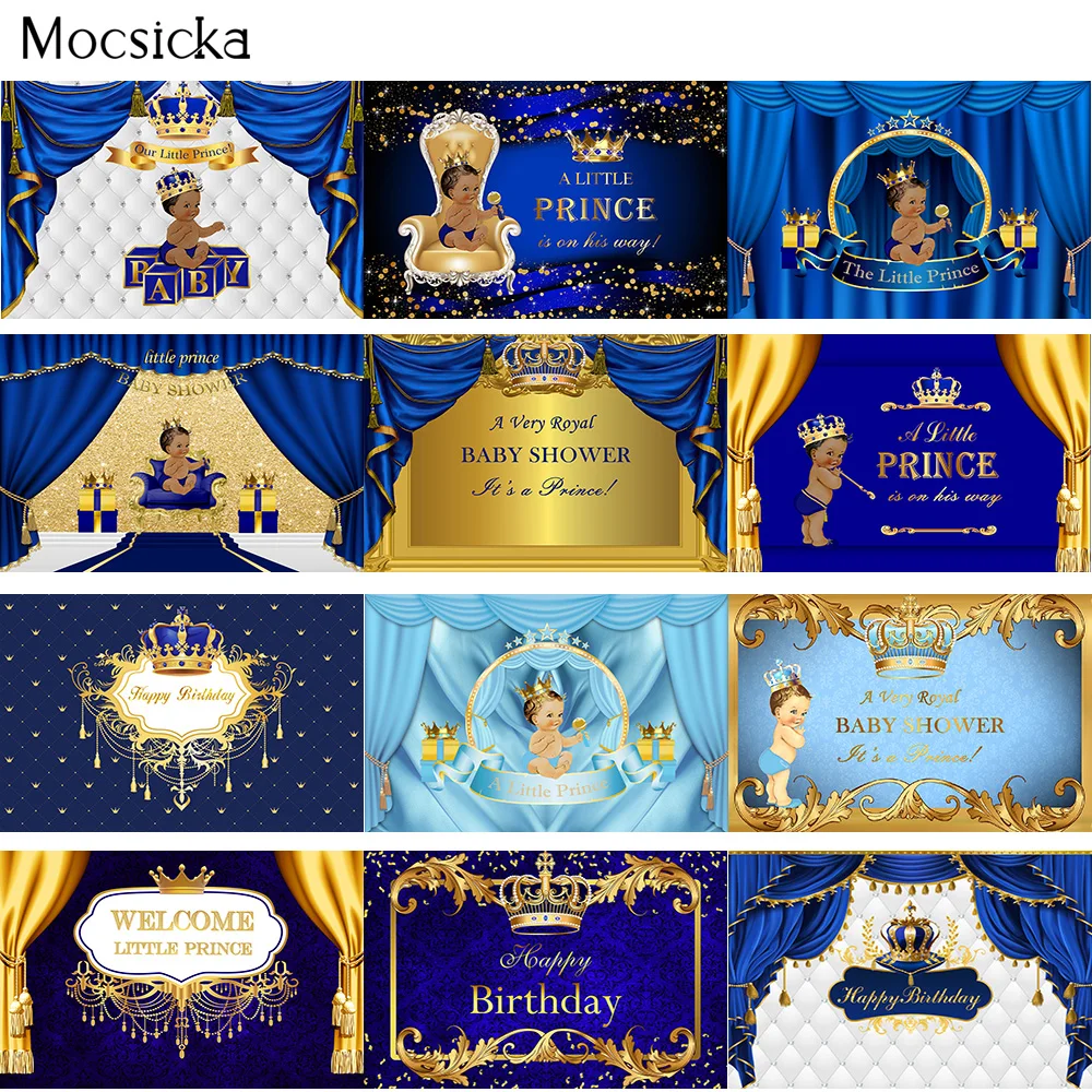 Little Prince Royal Blue Baby Shower Backdrop Black Boy Gold Crown Photography Background for Birthday Party Decoration Poster |