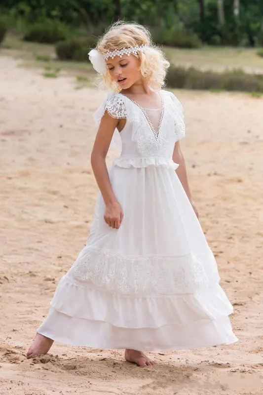 SexeMara Ivory White A-Line Flower Girl Dress for Wedding V Neck Chiffon Short Sleeve Girls Communion Party Dress Any Size