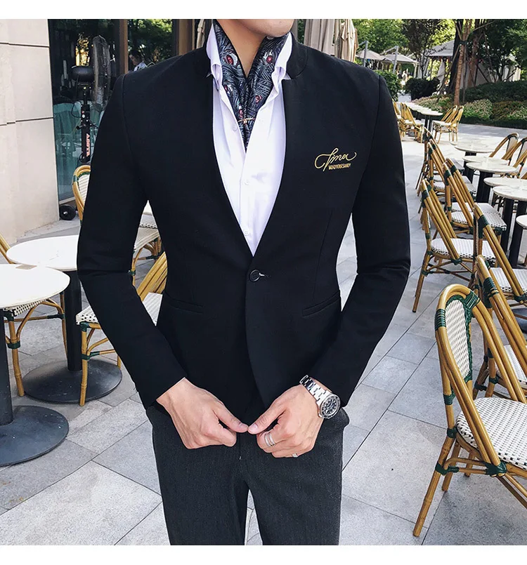 Стоячий воротник костюм куртка мужская стильная куртка винтажные спортивные пиджаки для выпускного для мужчин мужской блейзер Золотой вязаный свитер куртка