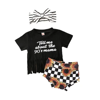 

Pudcoco US Stock 0-24M Newborn Baby Girls Clothes Sets Letter Print Short Sleeve Tassel T Shirts Tops+Sunflower Shorts Headband