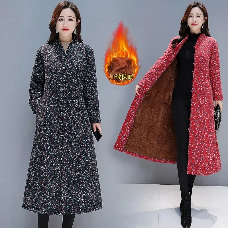 

Vintage Long Cotton-padded Jacket Women Clothing Ethnic Style Printed Velvet Thick Coat Ladies Long Sleeve Parkas Chaquetas